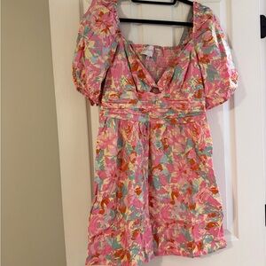 Charles Henry Pink Floral Puff Sleeve Mini Dress